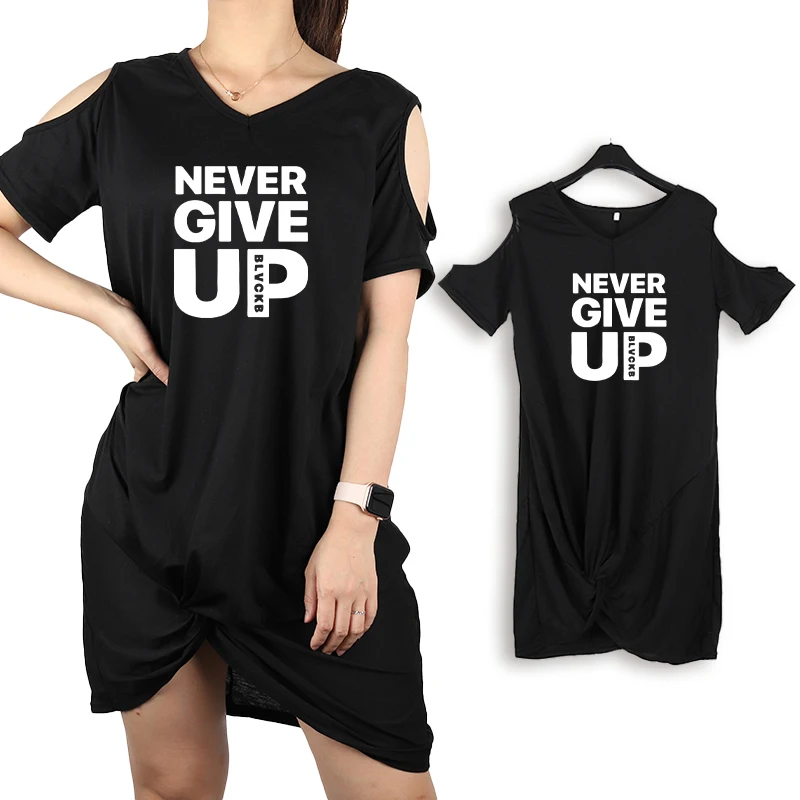 

Woman Dress Hollow Knotted Sundress Never Give Up Letter Printed Robes Folds Mini Short Sleeve Casual Women's Dresses Female