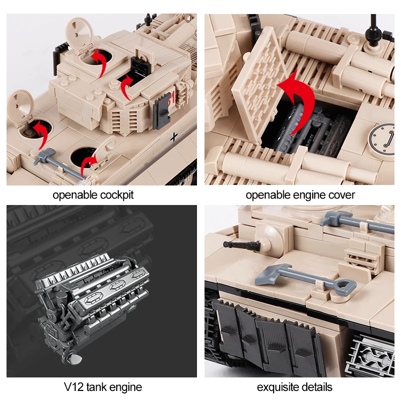 Конструктор для мальчиков из 1018 блоков военный Тигр танк 2 мировая война