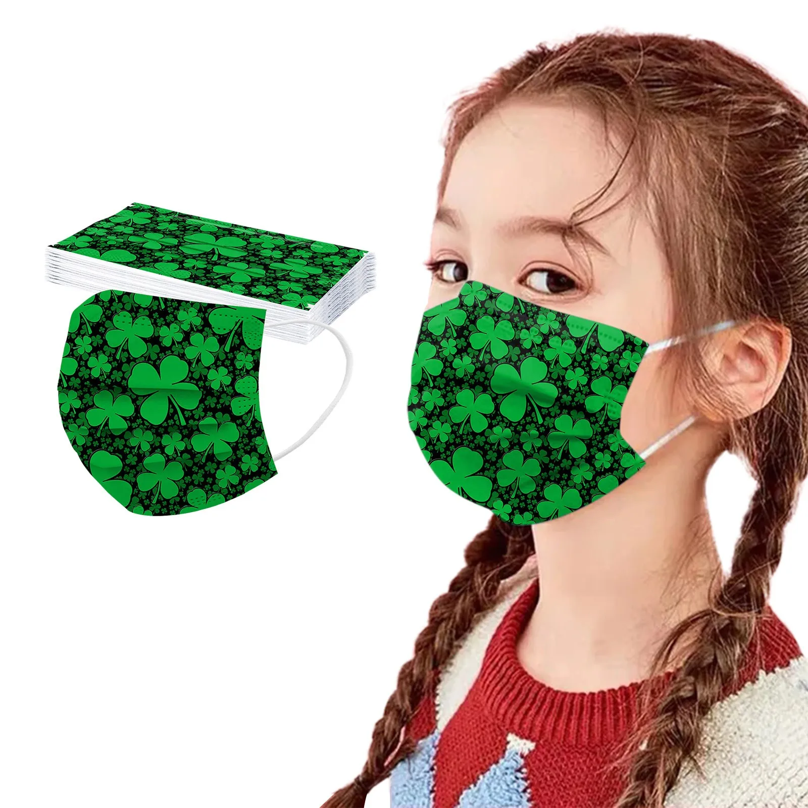

Маски детские зеленые одноразовые с принтом листьев, 3-слойные дышащие маски для защиты от пыли, для украшения Дня Святого Патрика, 10 шт.