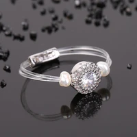 2020 new trendy womens fashion transparent line brass ring round zircon natural pearl elastic ring accessory for daily life