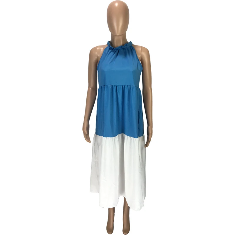 

Solid Patchwork Dress A-line Mid-Calf Beach Nightclub Dress Halter Sleeveless Casual Loose Dress Fashion beach dress summer 2021
