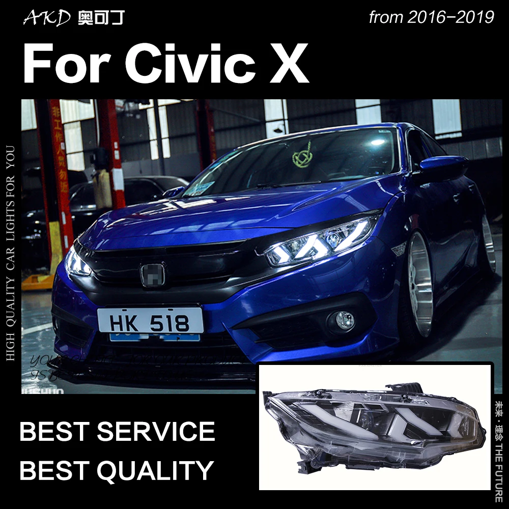 AKD автомобильный Стайлинг для Civic X Фары 2016-2018 новые светодиодный ные фары DRL