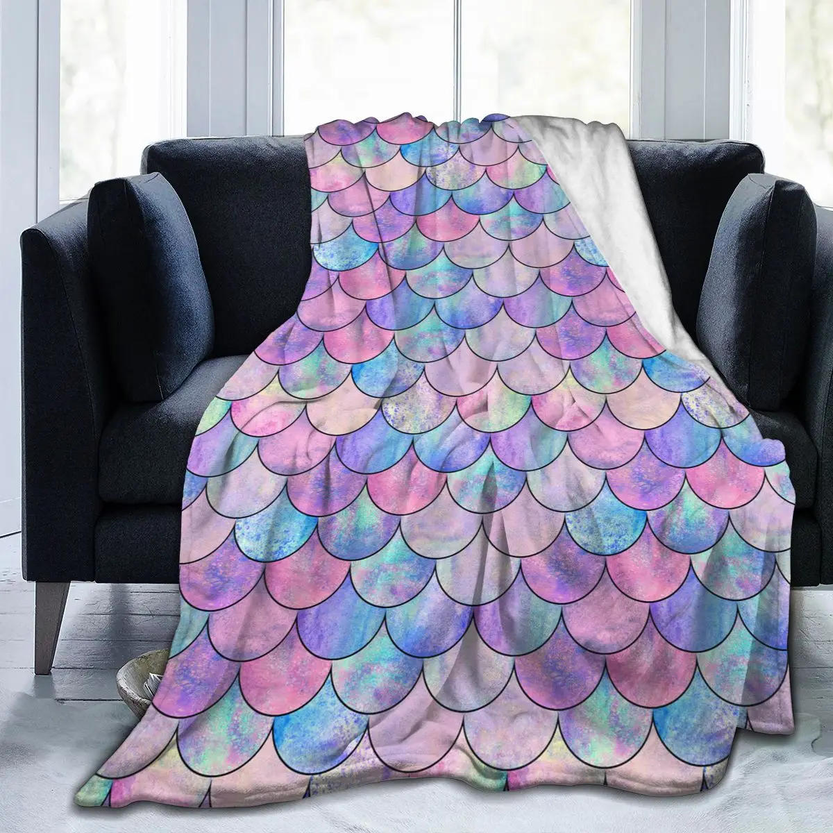 

Flannel Blanket Colorful Mermaid Fish Scales Soft Micro Fleece Blanket for Bathrobe Sofa Bed Travel Home Winter Spring Fall