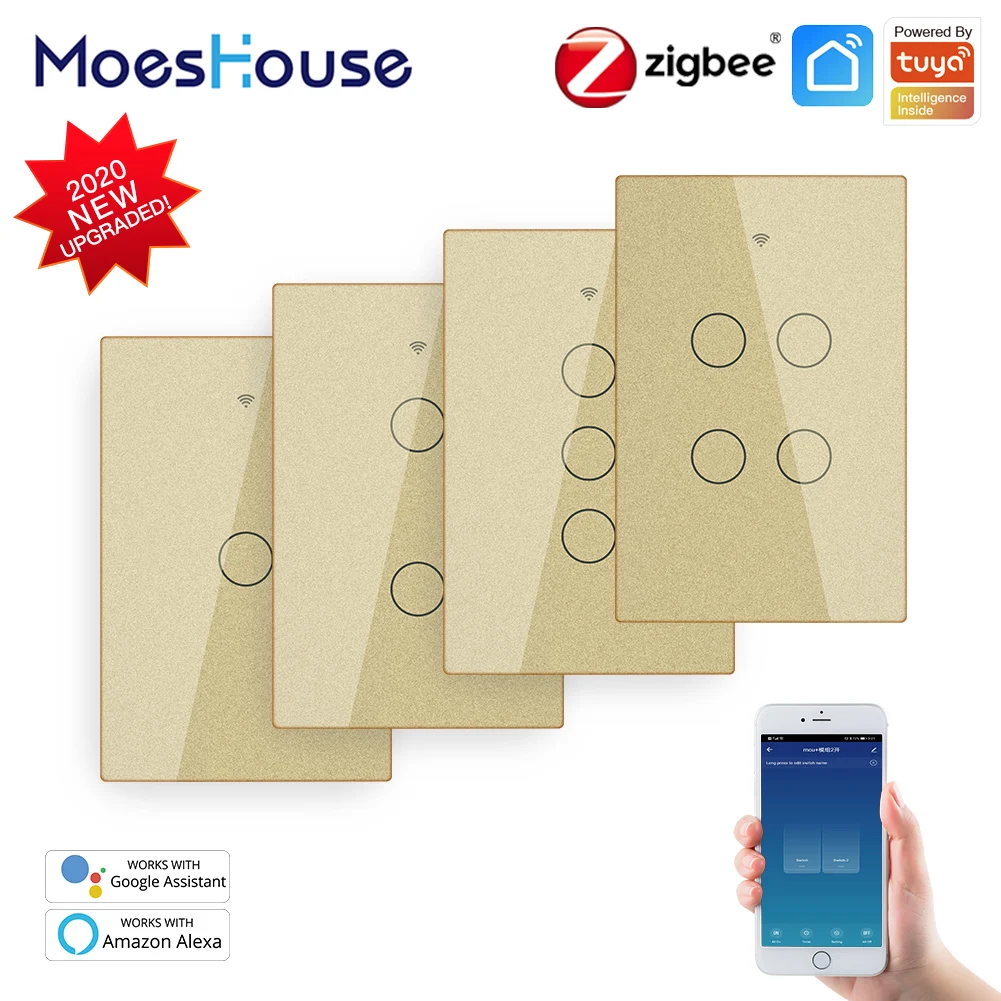 

ZigBee Wall Touch Smart Light Switch With Neutral/No Neutral ,No Capacitor Smart Life/Tuya Works with Alexa,Google Hub Required