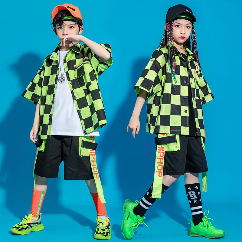 

Kid Cool Hip Hop 2pcs Plaid Shirt Suit Boys Girls Street Jazz Dance Costume Clothes Wear Personalized Catwalk Clothes Set