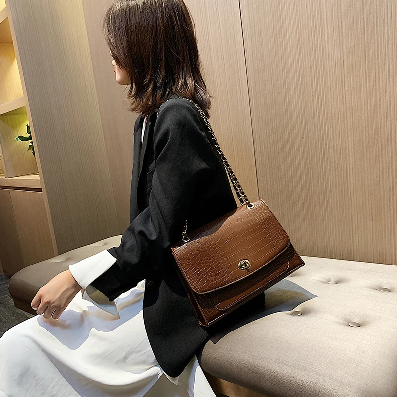 

Vintage Fashion Big Tote Bag 2020 New Quality Pu Leather Women's Designer Handbag Crocodile Pattern Chain Shoulder Messenger Bag
