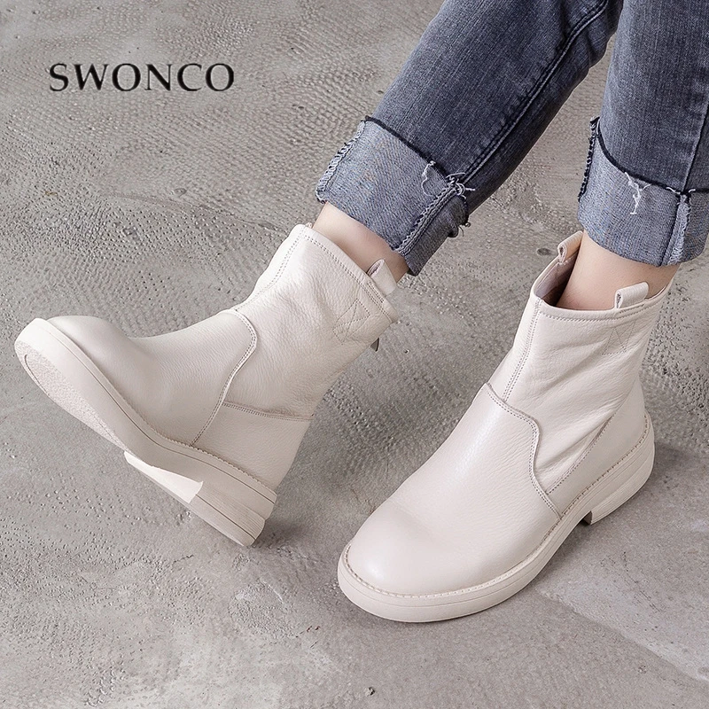 

SWONCO Vintage Shoes Women Genuine Leather Snow Boots High Top 2019 New Winter Causal Shoes Female Ankle Boots Women Platform