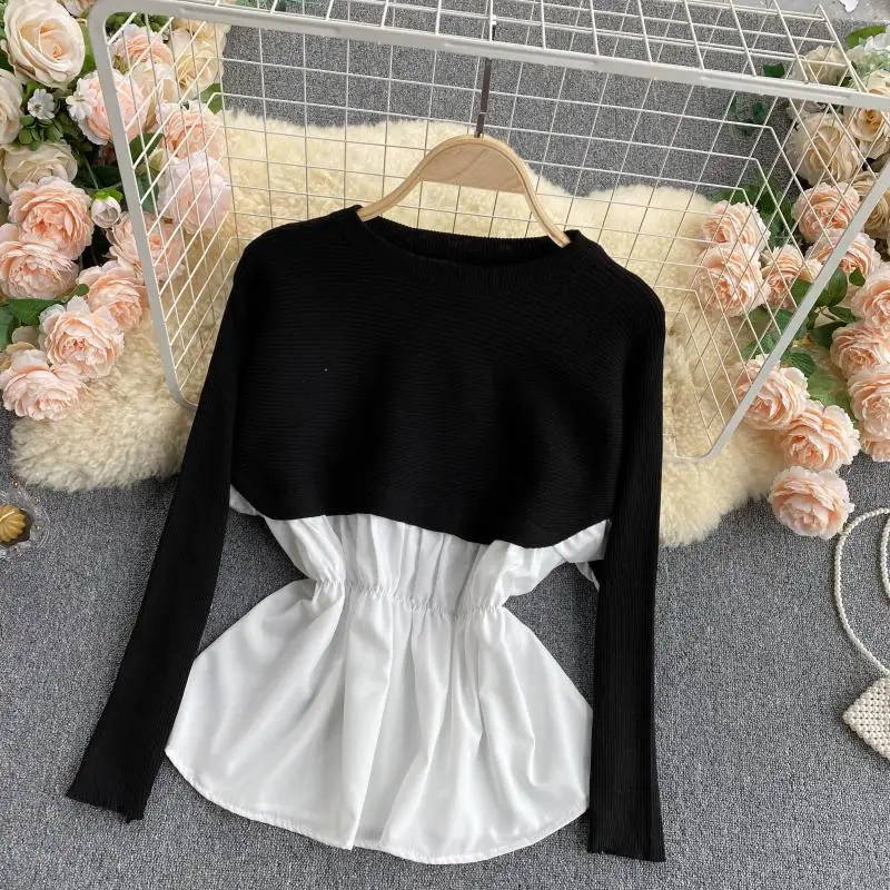 

Knitted Tops Women's New Fashion Round Neck Contrast Color Stitching Thin Long Bat Sleeve Casual Pullovers Sweater Q880