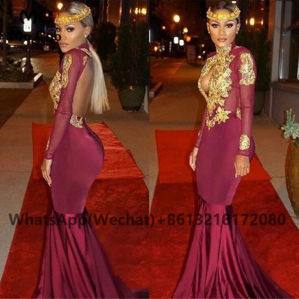 

2021 Mermaid Off Shoulder Prom Evening Dresses Gold Sequin Appliques Long Sleeves Shiny Satin Women's Evening Gown Custom Made
