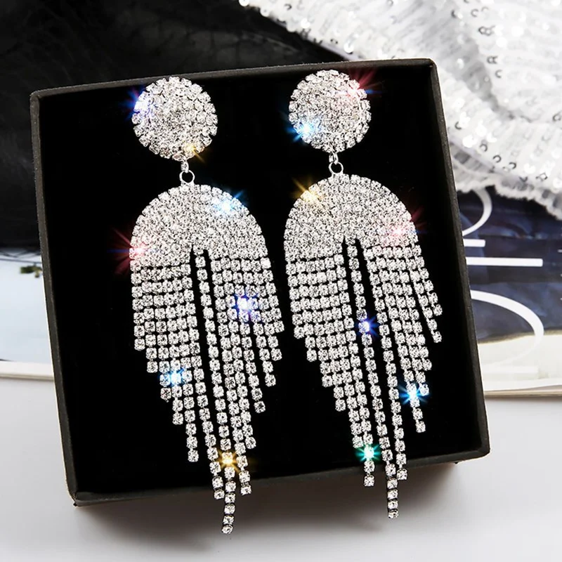 

New 2021 Ladies Long Tassel Crystal Drop Earrings Geometric Full Rhinestone Earrings Personalized Jewelry Gifts