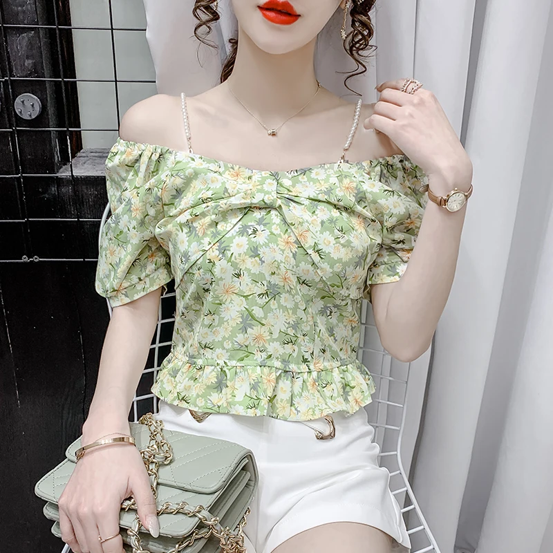 

Floral Print Party Blouses Shirts boat neck Puff Sleeve Elegant Vintage Sexy Shirt Tops Chic Fashion short sleeves Top