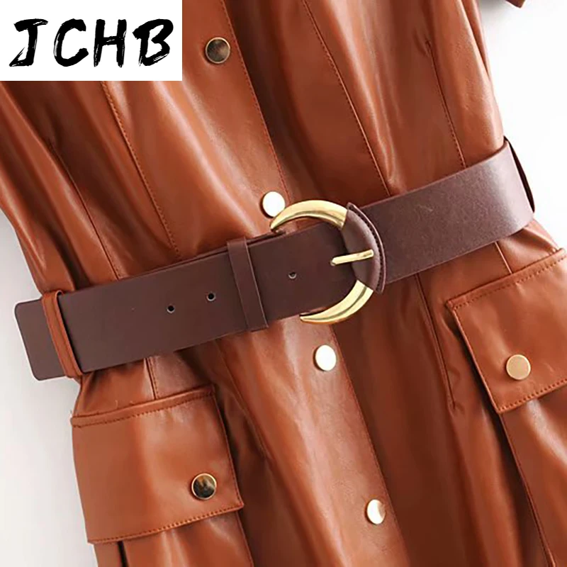 

SHZQJCHB PU Faux Leather Dress Women Short Sleeve Solid Casual Dress Stylish Turn Down Collar Pockets Dresses With Belt Vestidos
