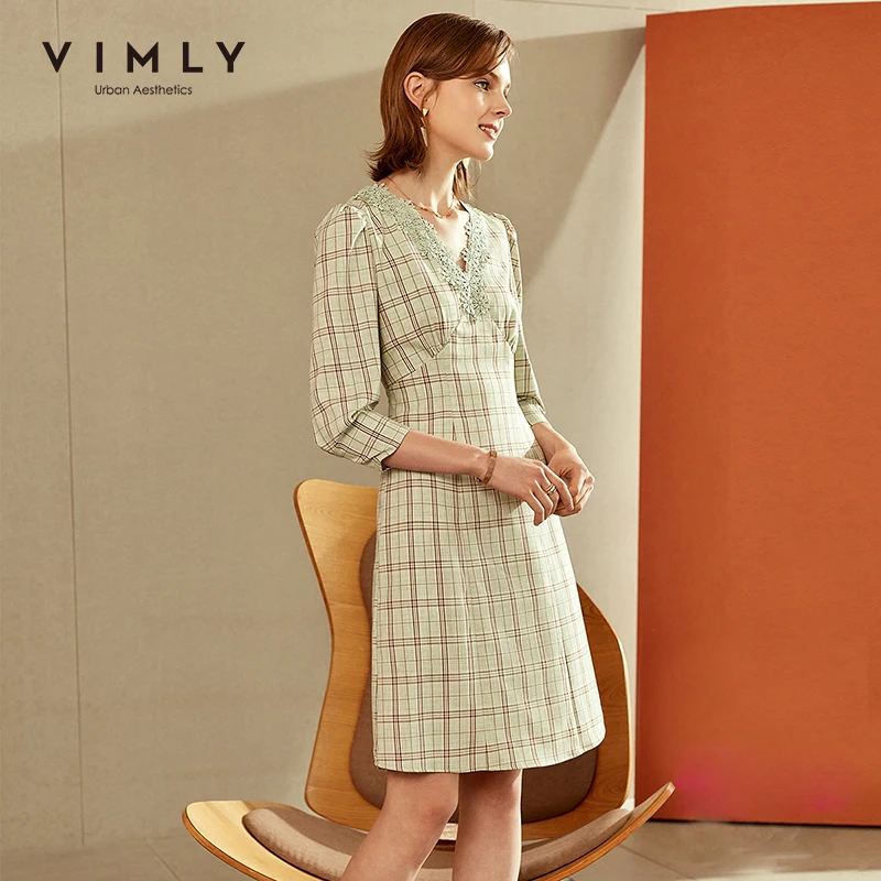 Винтажное клетчатое платье Vimly женские элегантные кружевные платья с V образным