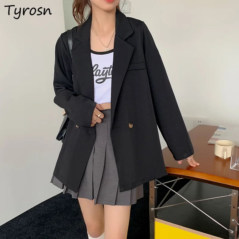 Women Blazers Casual French Style Retro Temperament Slouchy Draped Suits Solid Preppy Chic Single Breasted Outwear Sweet Ulzzang