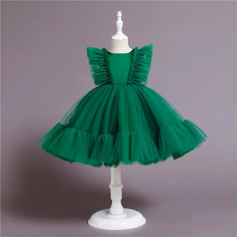Baby Girl Solid Ruffle Princess Dress Children Flying Sleeve Wedding Party Evening Dresses Toddler Appliques Tulle Tutu Skirt