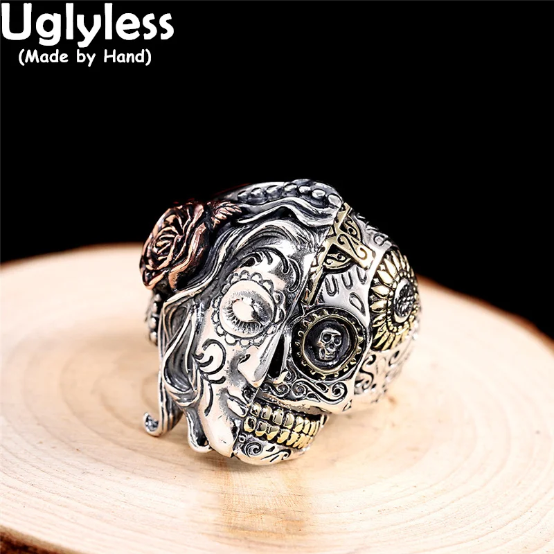 

Uglyless In 1 Moment Palace or Hell Men or Skull Asymmetric Jewelry for Men Skeleton Rose Rings Cool Guys 925 Thai Silver Rings