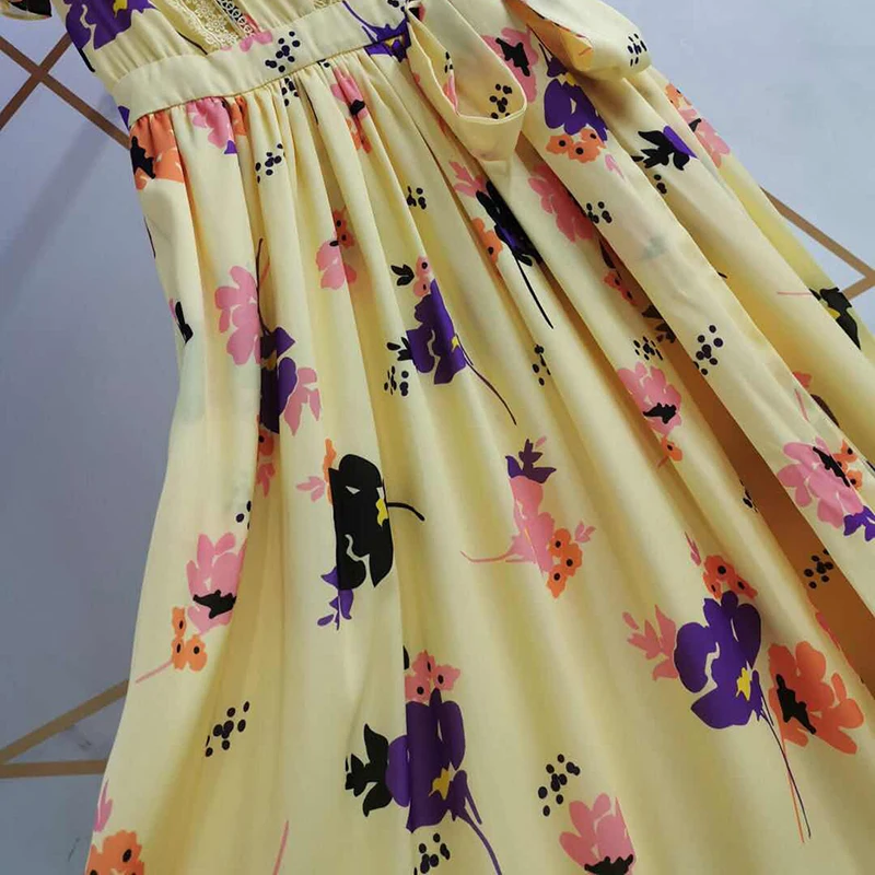 

AELESEEN Runway Fashion Yellow Dress Women 2020 Spring Summer Puff Sleeve Lace Patchwotk Maxi Long Party Oversize Dress