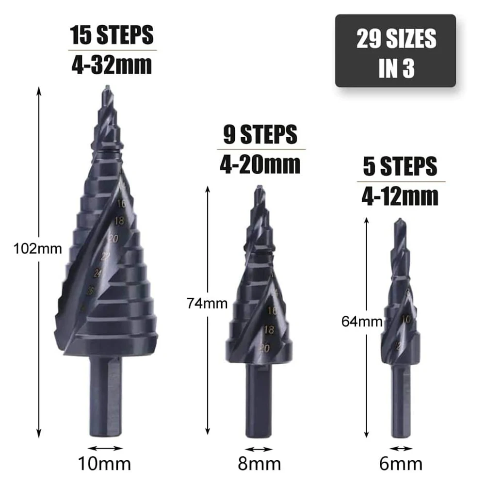 

3pcs Step Drill Bit Set Black Nitride Coated HSS Drill 3-Flat Shank Double Spiral Flutes Step Drill for Alloy PVC Wood