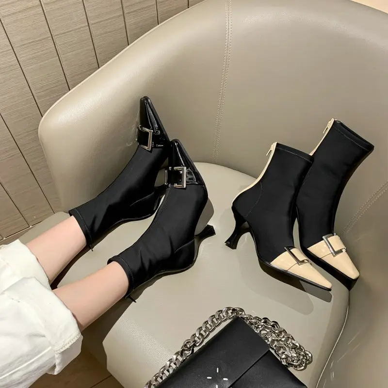 

Роскошные брендовые эластичные ботинки-носки из коровьей натуральной кожи и лайкры, узкие ботильоны на тонком высоком каблуке, современные...