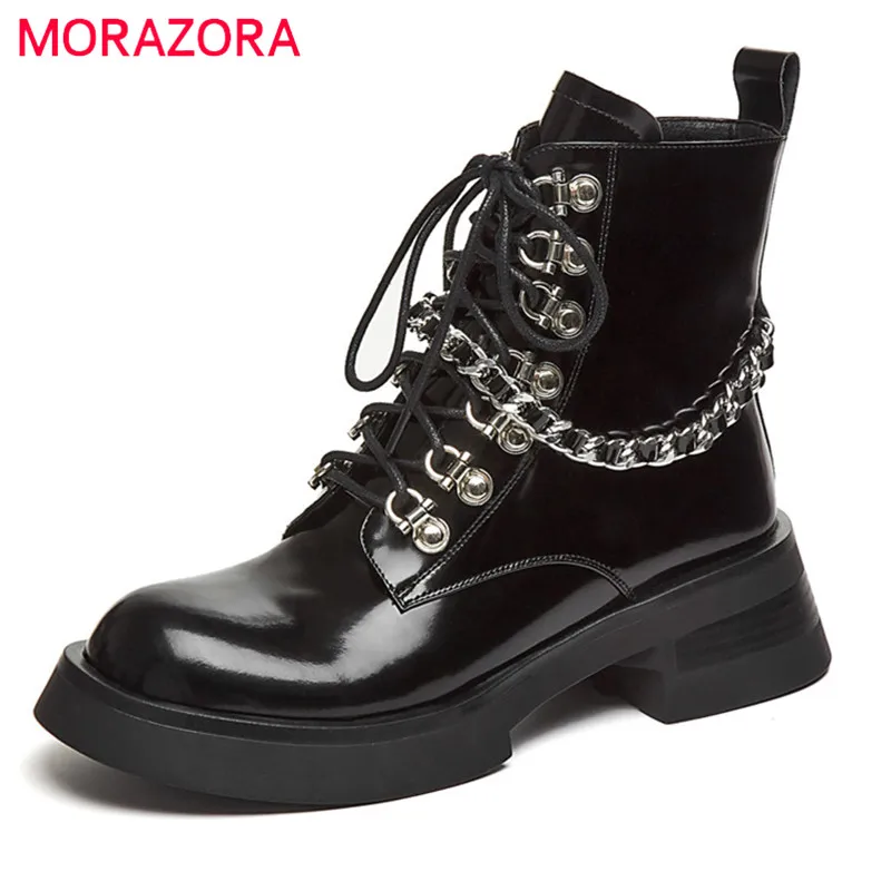 

MORAZORA 2022 Newest Genuine Leather Shoes Women Motorcycles Boots Fashion Cool Chain Flat Platform Shoes Women Ankle Boots