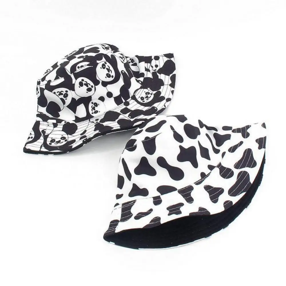 

Women's summer hat Cow Panda Print Outdoor Double Sided Reversible Bucket Cap Sun Hat