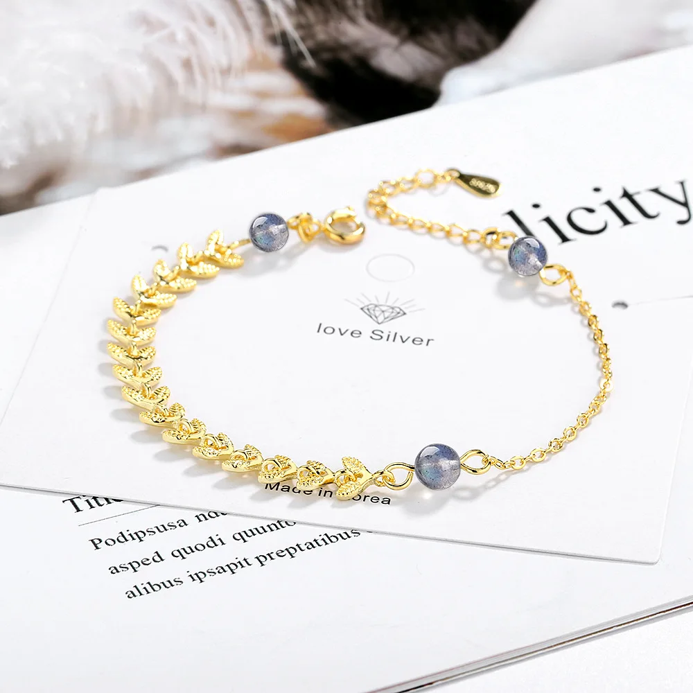 New Natural Stone 925 Sterling Silver Bracelet &amp Bangle Mujer Leaf Wheat Spike Charm for Women Bridal Wedding Jewelry | Украшения и