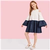 SHEIN Kiddie/многослойное платье с цветным блоком и открытыми плечами для девочек г., Осенний рукав-волан, трапециевидные платья для подростков