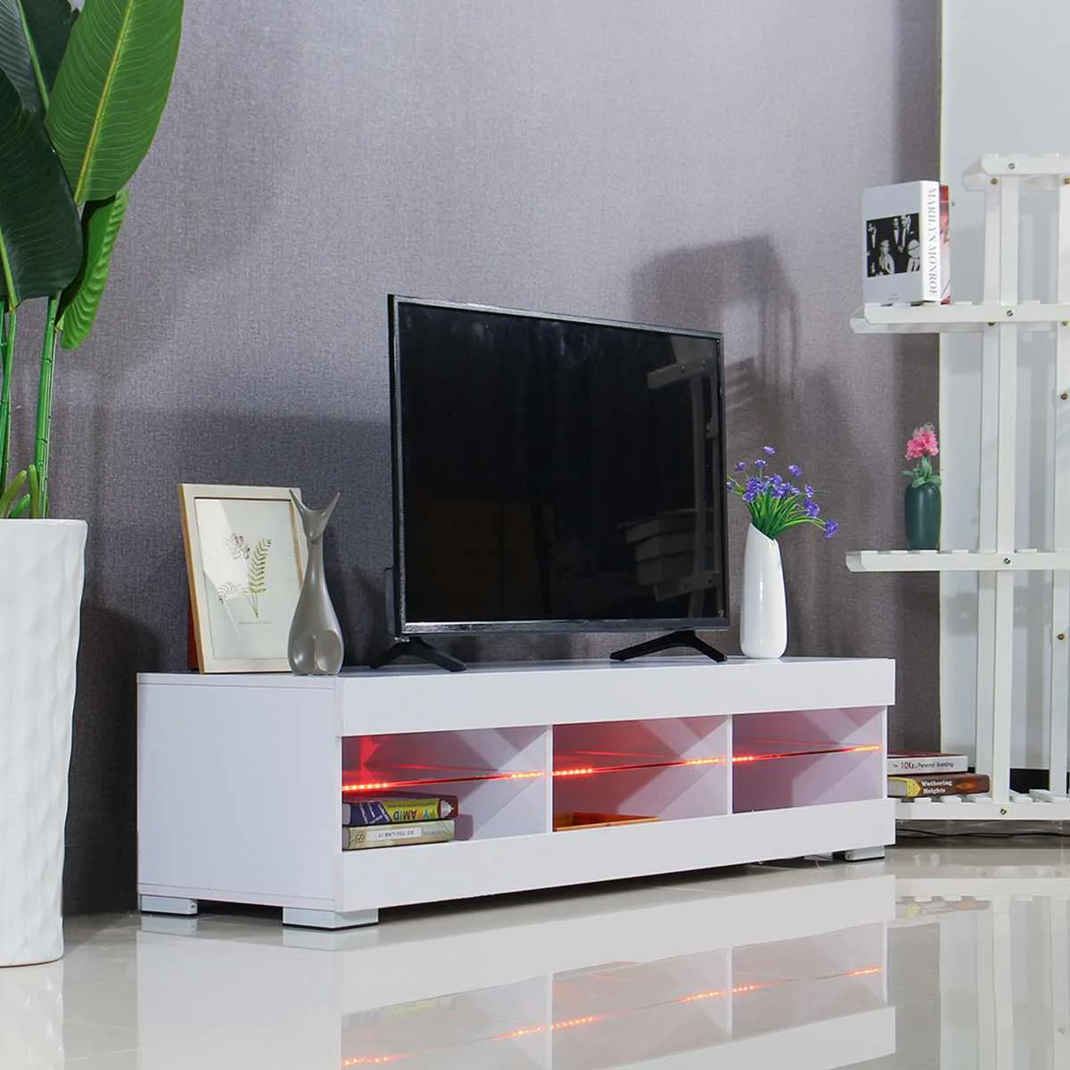57 inch RGB LED TV Unit Cabinet Stands with 6 Open Drawers TV Bracket Table Home Living Room Furniture tv Stands US Shipping