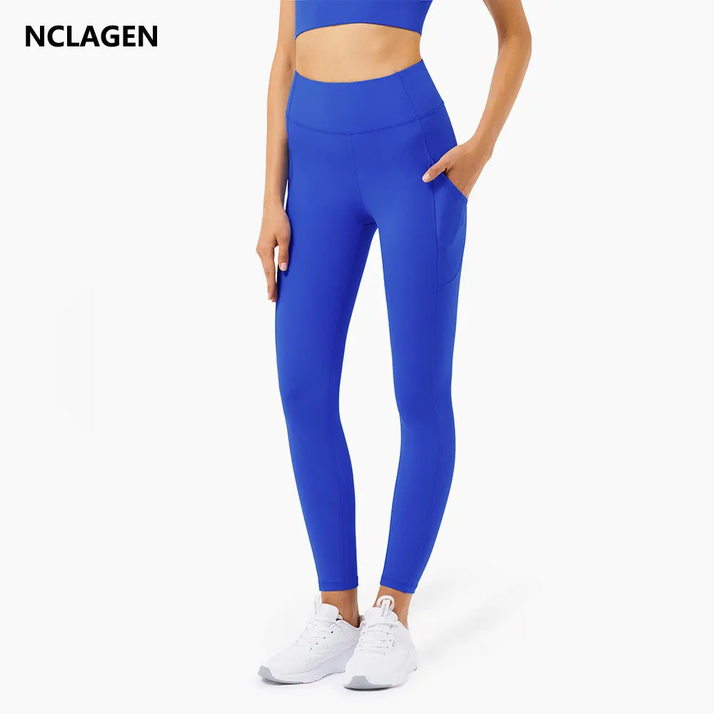 

NCLAGEN Leggings Sport Women Fitness High Waist Squat Proof Naked Feel Yoga Pants Pocket Soft GYM Capri Elastic Workout Tights