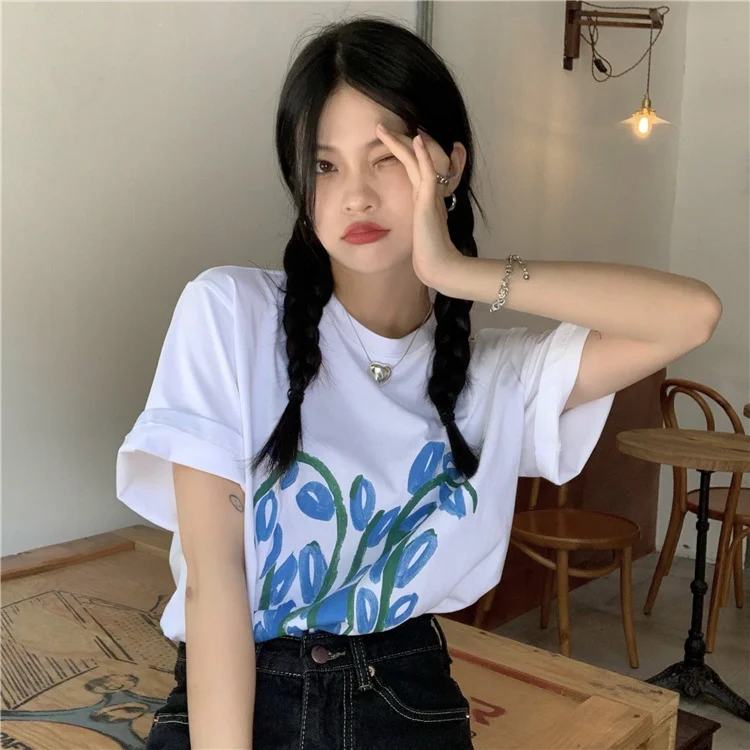 ~ Свободная Универсальная футболка с коротким рукавом и принтом | Женская одежда