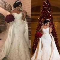 african elegant beaded lace wedding dresses with detachable train off shoulder applique mermaid bridal gowns