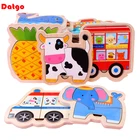 Деревянные 3D двухуровневые пазлы, животные, транспортные средства, фрукты, мультяшная паззл в форме, доска, красочные пазлы, обучающие игрушки для детей