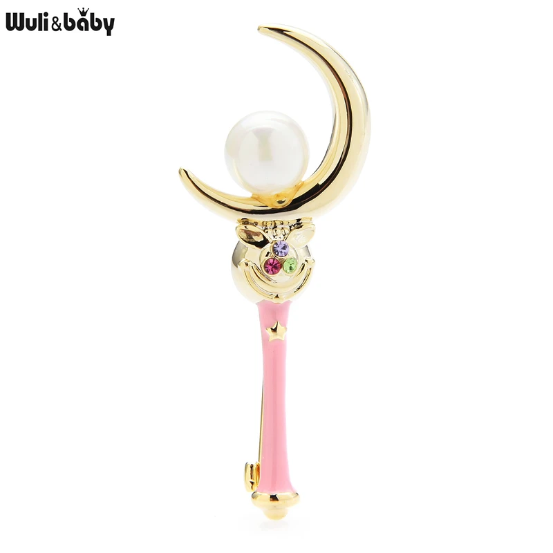 

Wuli&baby Pearl Magic Wand Brooches For Women Designer Cartoon Famous Fairy Wand Party Office Brooch Pin Gifts