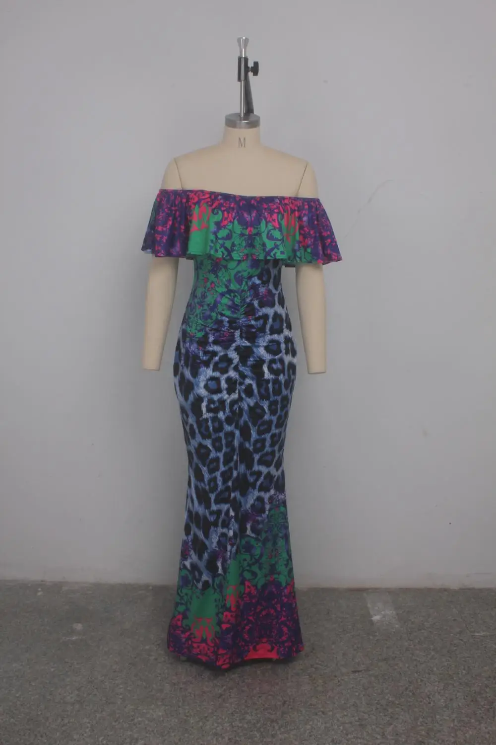 

Echoine Women Ruffles Slash Neck Short Sleeve Long Maxi Front Split Leopard Printed Party Dress Plus Size S-XXL Night Club Dress