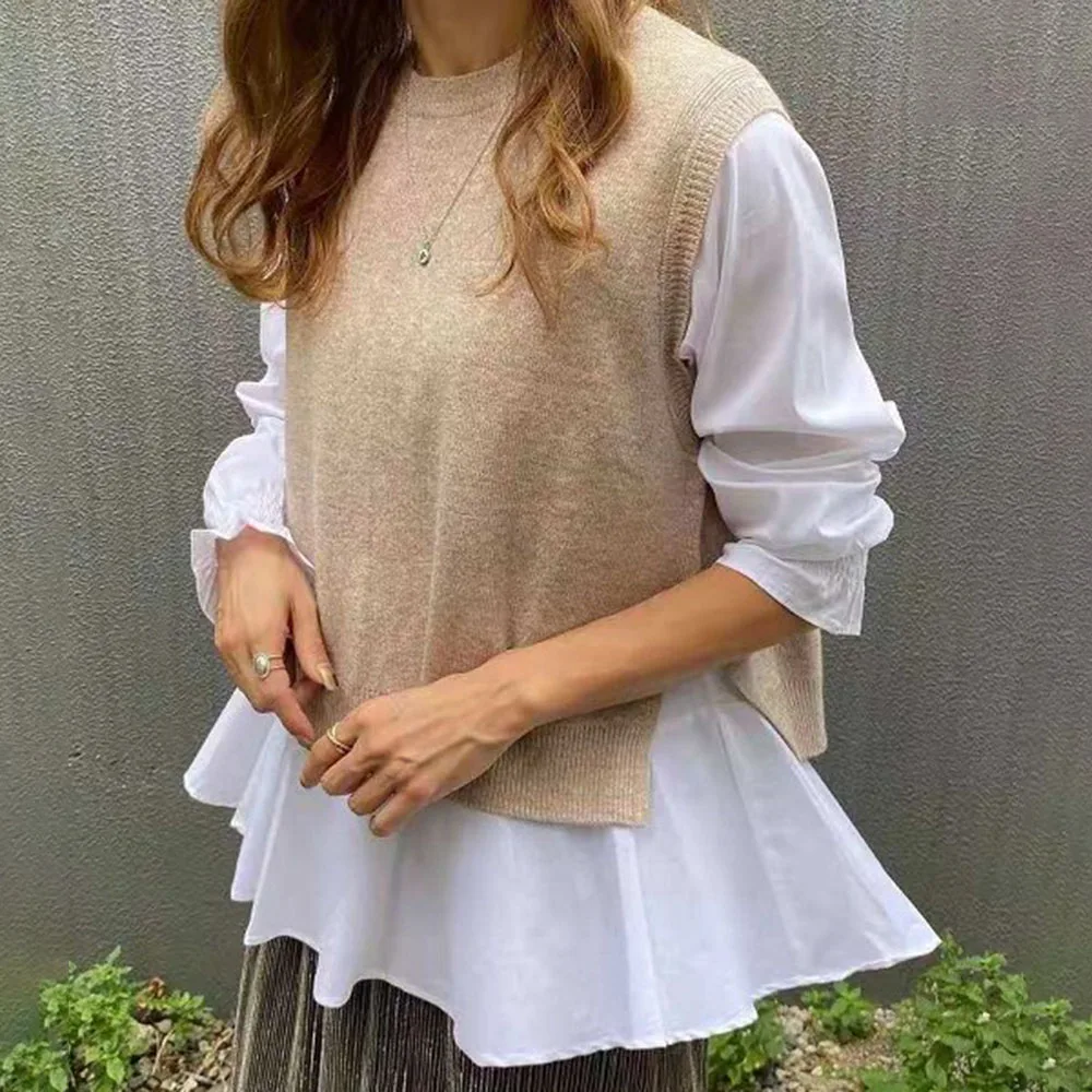 Женский пуловер из двух предметов осенняя блузка с длинным рукавом и оборками