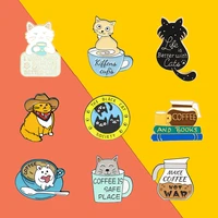 custom brooch coffee and books enamel pin coffee kitten badge bag clothes lapel pins animal jewelry gifts for friends wholesale