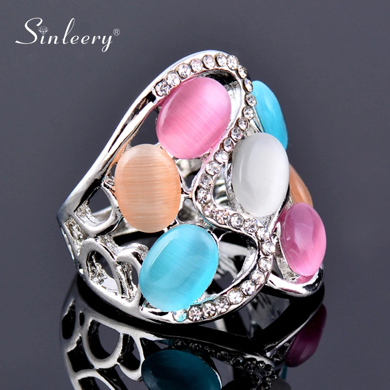 

SINLEERY Elegant Oval Opal Stones Hollow Finger Ring Silver Color Women Bridal Wedding Jewelry Accessories JZ509 DP1