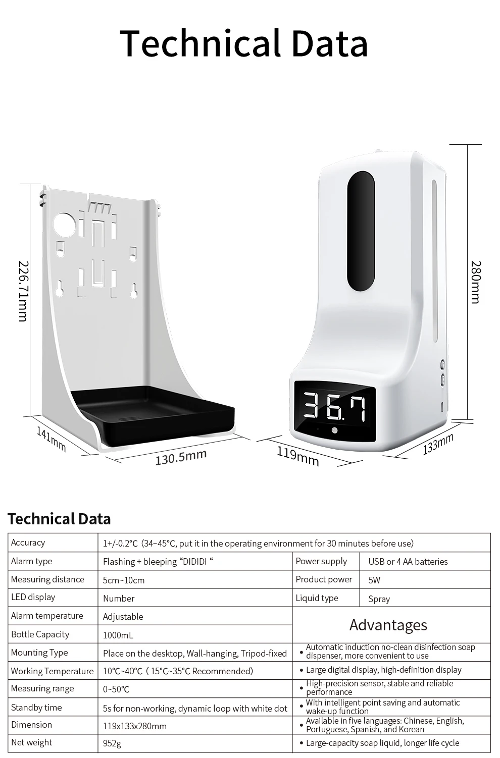 

2021 1000ml Wall-mounted thermometer with Soap Dispenser,with alarm, suitable for use in offices,home schools and communities