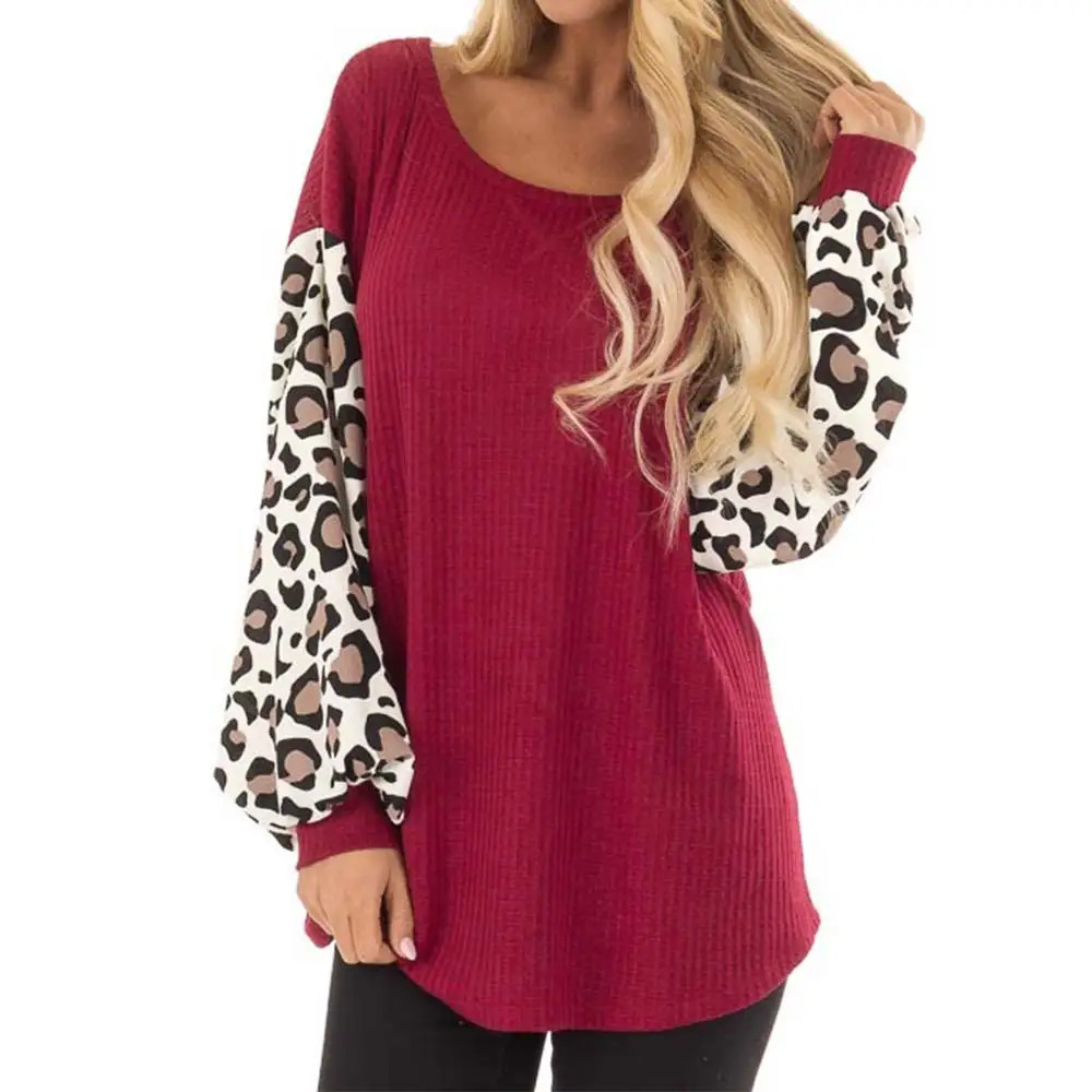

Autumn Leopard Pattern Stitching Long Sleeve Printed Large Size Loose Sweater for Women's Fashion Round Neck Red Top