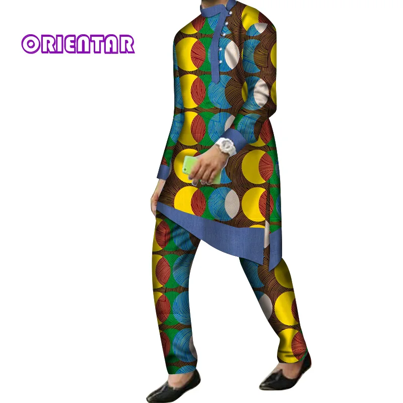 7 2 Pieces Set Men African Clothes Long Sleeve Shirt and Pants Traditional African Bazin Riche Print Dashiki Suit Trousers WYN844 - Цвет: 7