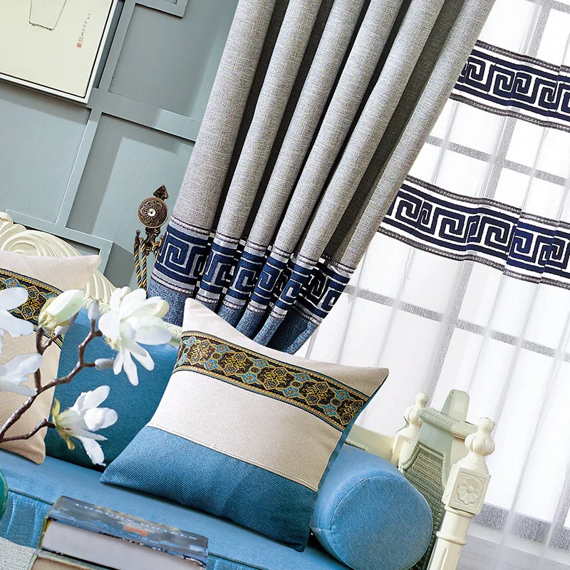 

Chinese Blue Luxury Geometric Embroidery Curtains Thick Cotton & Linen Stitching Fabric Curtains For Living Room Bedroom 573#4