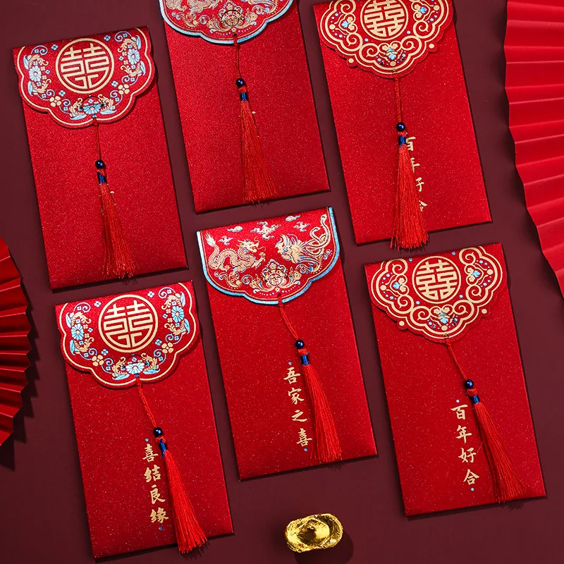 

Chinese Trend Red Envelope Exquisite Bronzing Thousand Yuan Money Bag Pendant Tassel Year of the Tiger Hongbao Wedding Supplies
