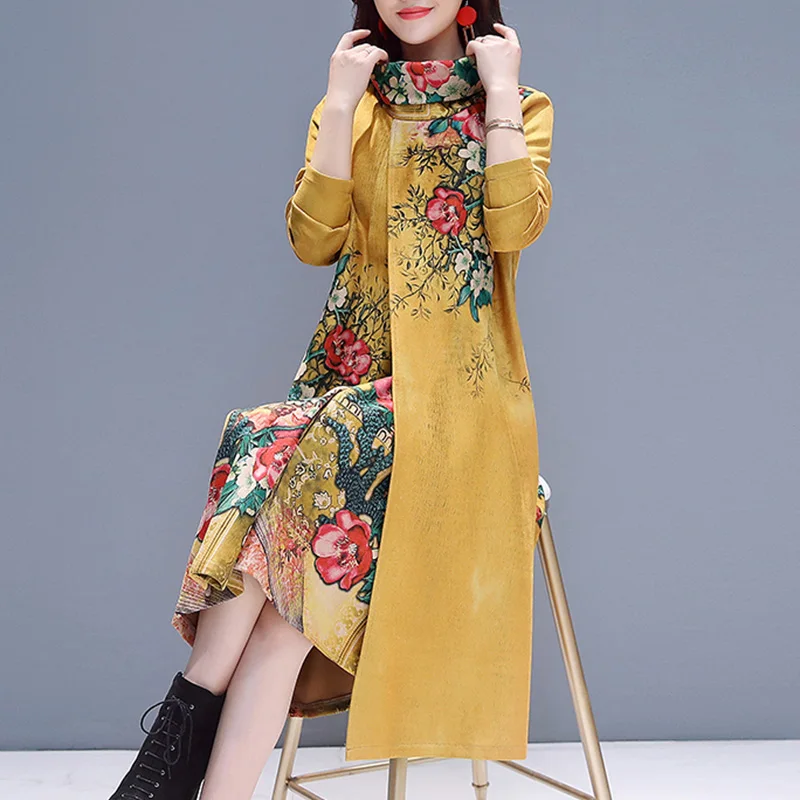 Женское свободное платье с цветочным принтом повседневное винтажное желтого