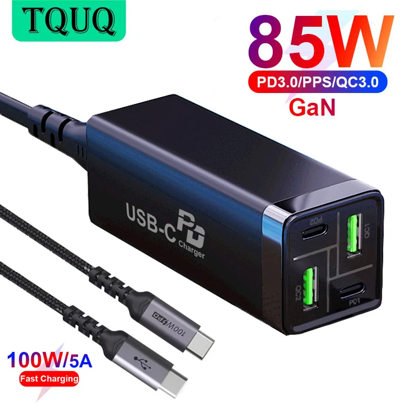Зарядное устройство TQUQ 85 Вт адаптер питания GaN 4 порта PD 65 PPS 45 20 QC3.0 для MacBook Pro iPhone 12