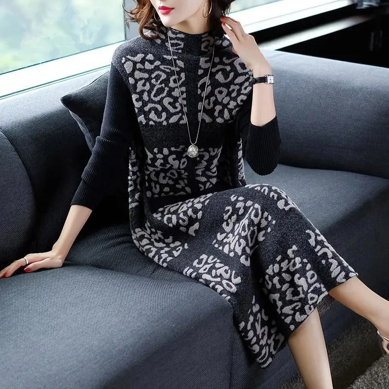 Женская одежда элегантное вязаное шерстяное платье большого размера с юбкой