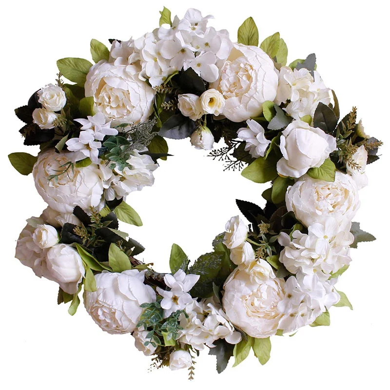 

16 Inch Artificial Garlands Front Door Wreaths, Artificial White Peony Hanging Wreath for Home Party Indoor Outdoor Window Wall