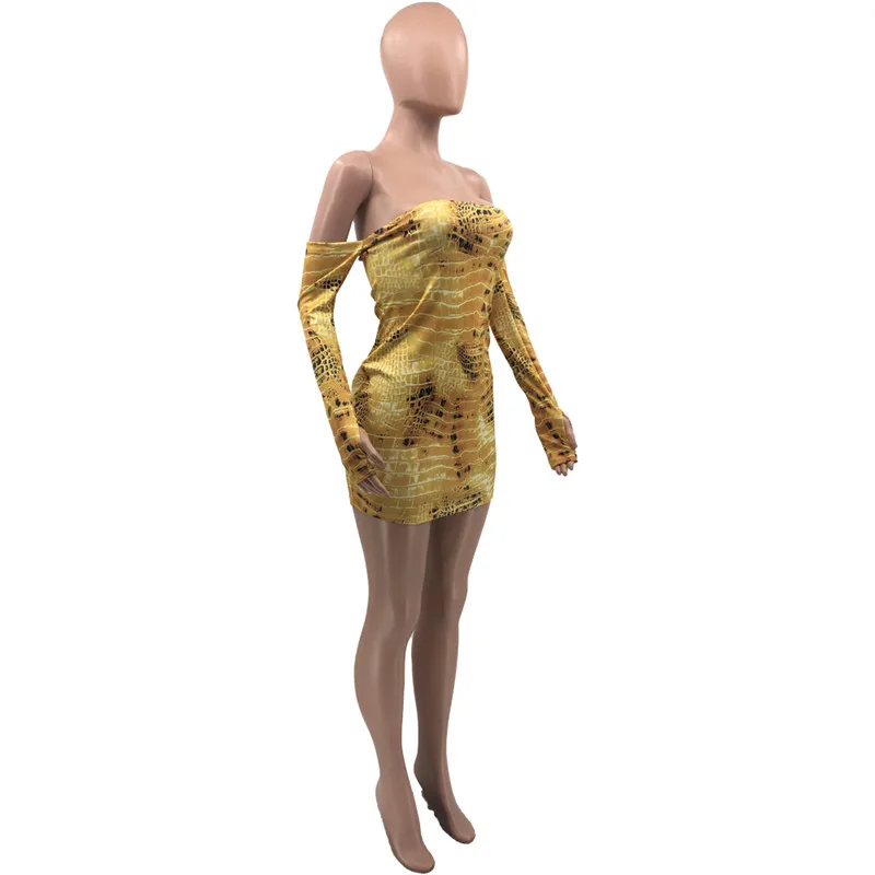 

ThornTreeSnake Skin Print Women Dress 2021 Sexy Slash Neck Off Shoulder Long Sleeve Bodycon Clubwear Party Short Pencil Dress