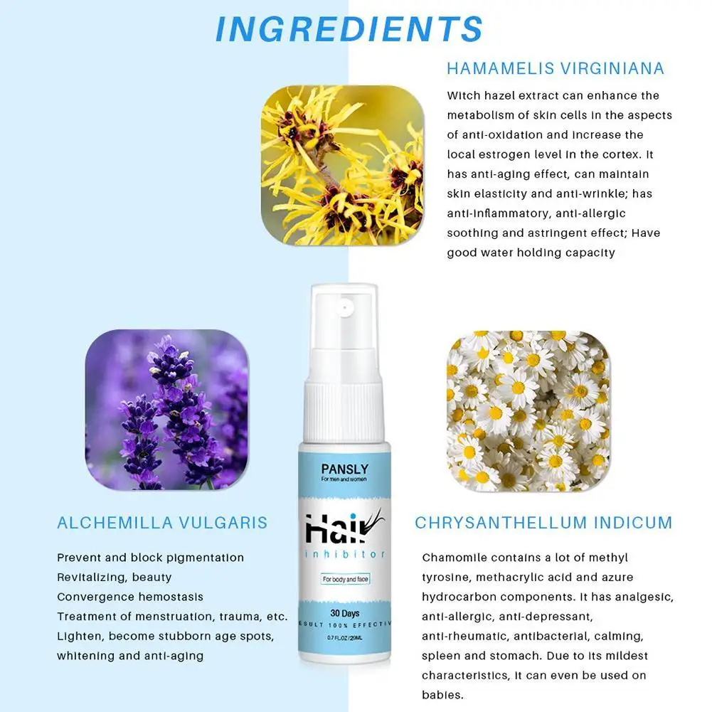 

Permanent Hair Removal Inhibitor Spray Essence Painless Beard Legs Armpit Smooth Repair Skin Pubic Stop Growth