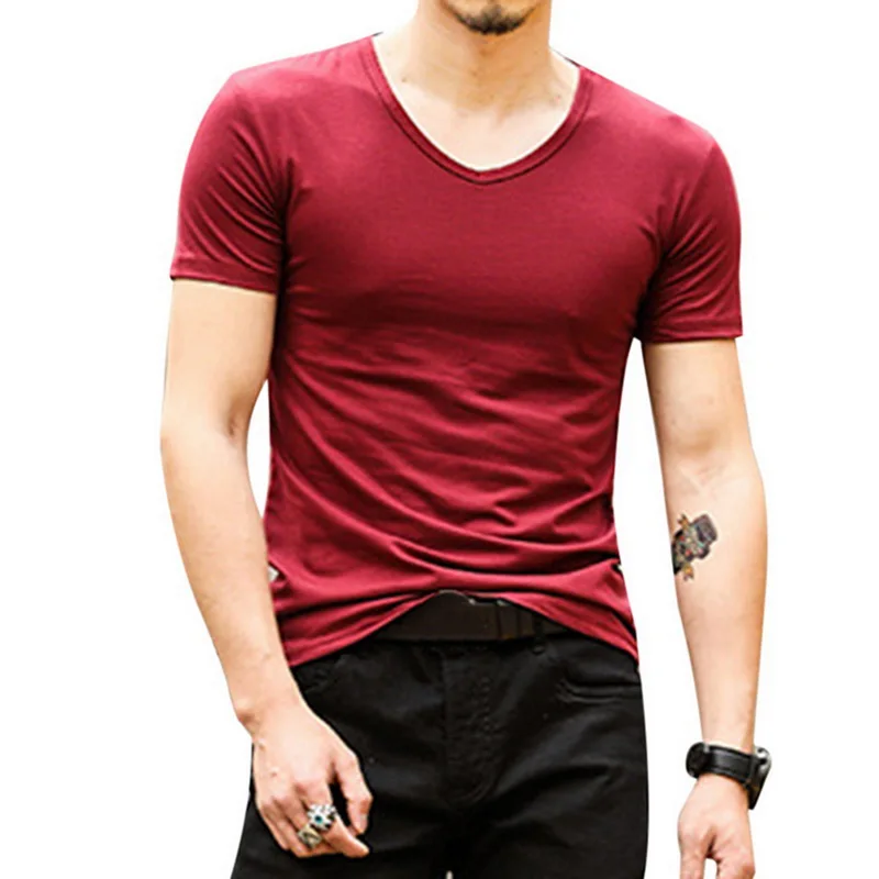 Мужская футболка с коротким рукавом летняя v образным вырезом модные облегающие