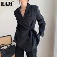 eam women irregular bandage big size blazer new lapel long sleeve loose fit jacket fashion tide spring autumn 2021 1db323